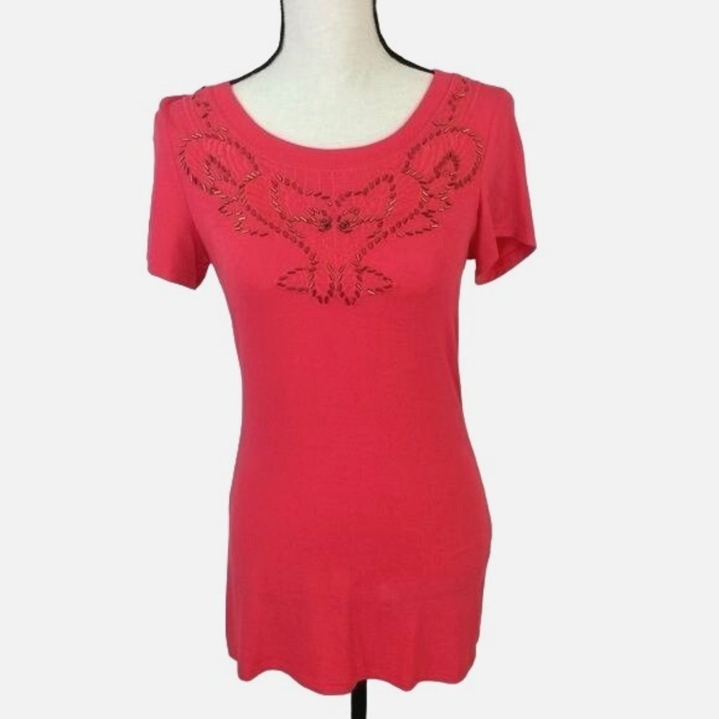 Bke Boutique Womens Pink Embroidered Beaded Stretchy Tee Shirt Top Size M